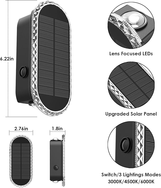 2PK Solar Fence Lights Outdoor - 3000/4000/6000K 3 Modes, IP65 Waterproof Fence Lights Solar Powered, Solar Wall Lights Outdoor for Backyard/Garden/Patio/Garage and Wall Decor