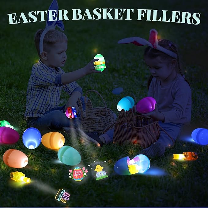 48PCS Easter Party Favors, Led Finger Lights for Kids Bulk, Mini Light Up Finger Flashlights for Easter Egg Hunt, Surprise Egg, Basket Fillers, Classroom Prizes Parties Halloween Christmas