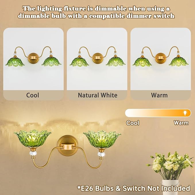 Vintage Bathroom Vanity Light, 2-Light Matte Brass Finish Vanity Light with Floral Green Glass Shades, Retro Wall Sconce for Bathroom, Dressing Table