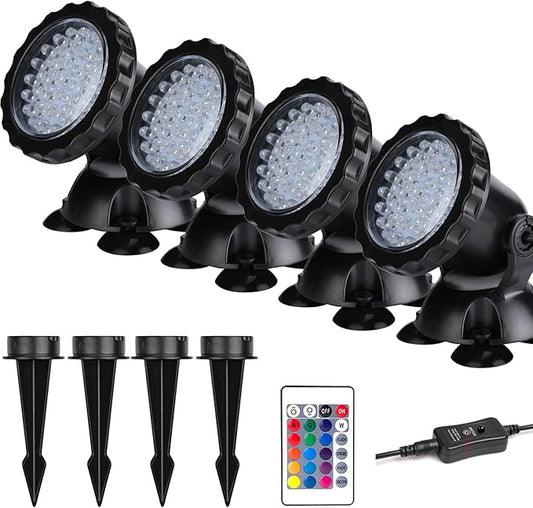 Pond Lights Submersible Color Changing Fountain Lights LED Underwater with Remote, 36 LED Bulbs Underwater Landscape Light for Aquarium Garden Pool Lawn Shallow 3 Installation Way with Stakes