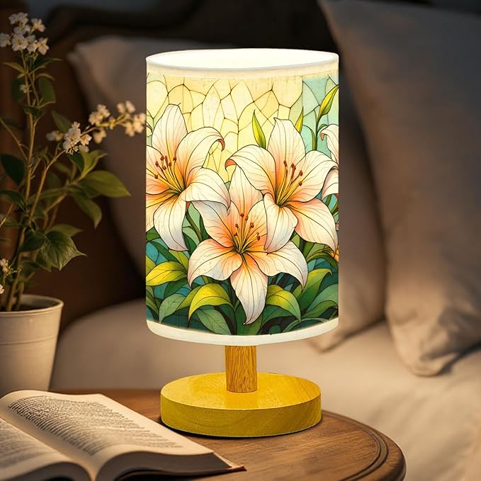 Lilies Table Lamp LED 3-Color Pressed Bedside, Lilies Shade Lamp with Wood Base for Bedroom Living Room Desk Office TL01
