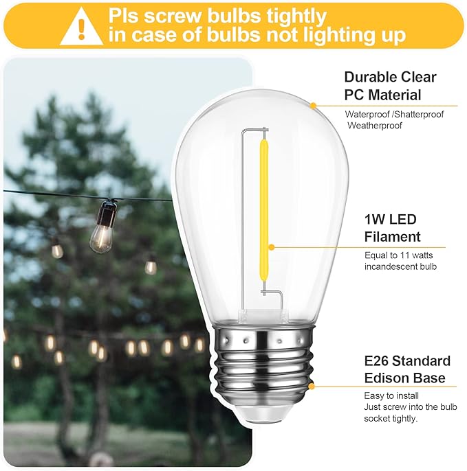 Mlambert LED String Light Bulbs, Shatterproof Outdoor String S14 Replacement Light Bulbs 4000K, Waterproof 1W LED Edison Equal to 11W,Not Solar