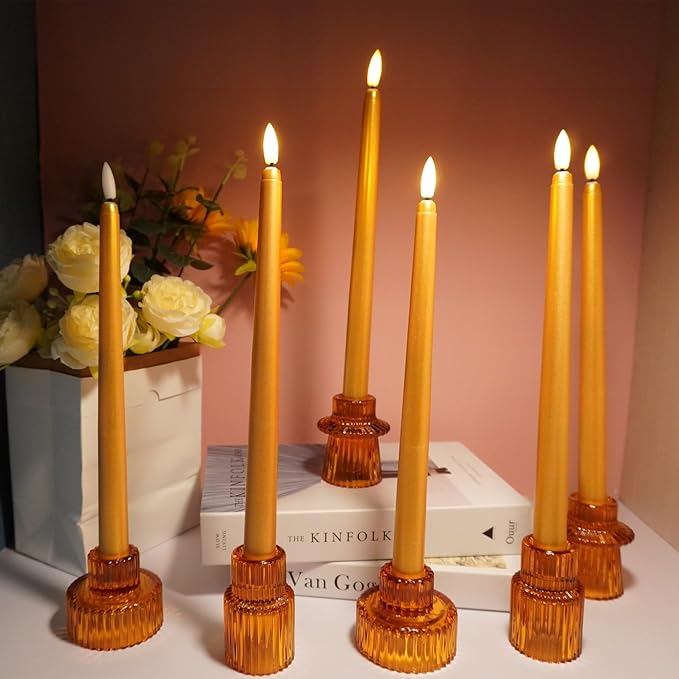Gold Flameless Taper Candles with Remote, Flickering Christmas LED Candlesticks Battery Operated Set of 6