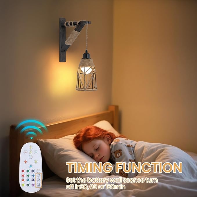 SEEBLEN Battery Operated Wall Sconce Set of Two, 12 RGB Colors Wireless Rechargeable Wall Light with Remote Control, Dimmable Farmhouse Wood Wall Lamp for Bedroom Living Room.