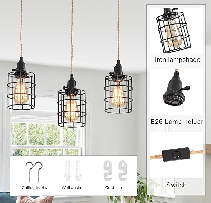 3-Light Hanging Light with Plug in Cord,Plug in Pendant Light 22ft Hemp Rope Pendant Lighting Vintage 3-Light Hanging Lamp Fixtures for Kitchen Island Living Room Bedroom