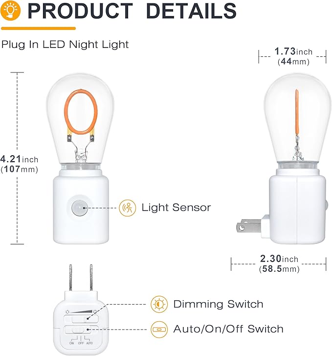 LED Night Lights Plug into Wall with Motion Sensor, 2200K Amber 10-100LM Dimmable Plug-in Nightlight Indoor for Bedroom, Bathroom, Hallway, Stairs, Pet House, O-Type, 1-Pack