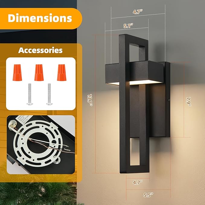 tewei LED Outdoor Wall Sconce Modern Exterior Lighting Fixtures, Matte Black Outdoor Front Porch Lights LED Outside Wall Mount Lights for House, Hallway, Warm White 3000K, 1 Pack