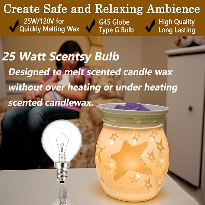 Wax Warmer Light Bulbs,Original 25 Watt Bulbs for Full Size Scentsy Warmers,6 Packs E12 Base Type G Bulb,Scentsy Light Bulbs,Warm White,Long Life-Span and Melt Wax Fast, 120 Volt