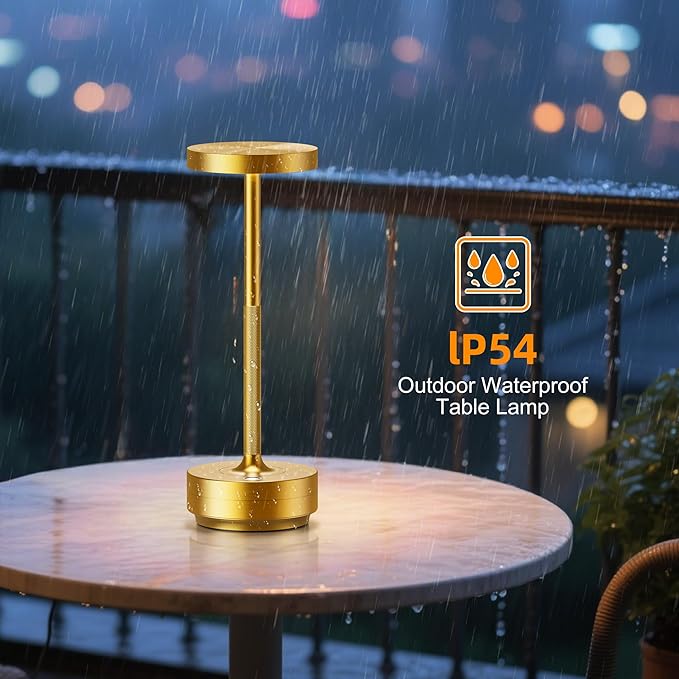 2-Pack Cordless Table Lamp Rechargeable, 5000mAh Battery Operated LED, Touch 3-Color Stepless Dimming, IP54 Waterproof Wireless Lamp for Bedroom Dining Restaurant Patio Outdoor – Gold