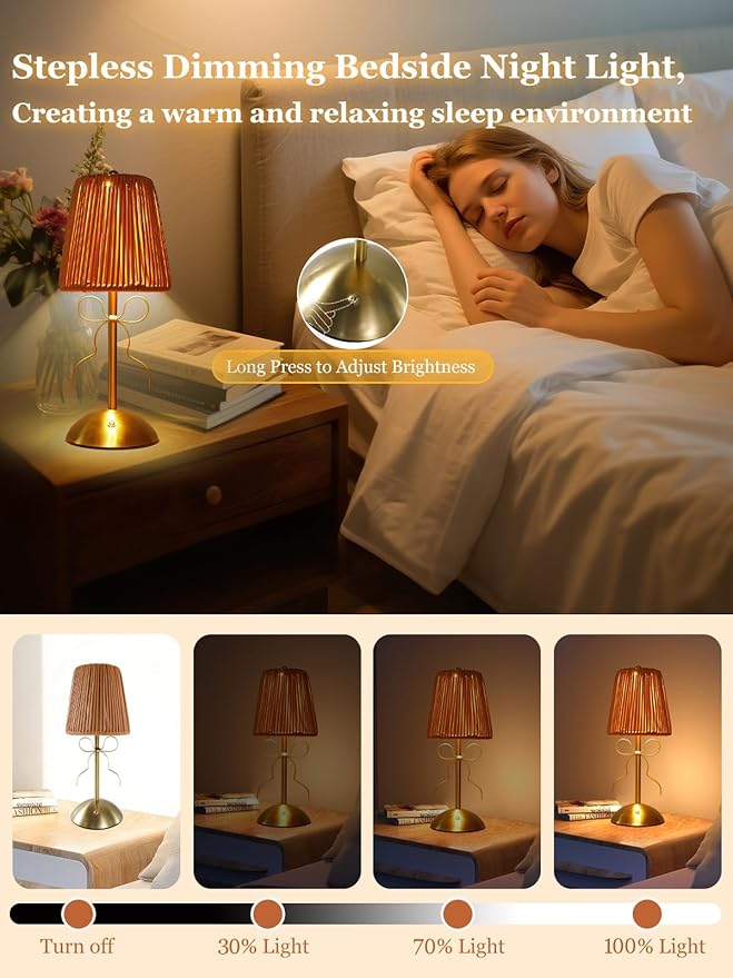 Boho Bow Rattan Table Lamp, Cordless Wicker Woven Vintage Table Lamp - LED Rechargeable Touch Control 3 Color Dimmable Reading Bedside Lamp for Bedroom Living Room Office, Home Outdoor Decor