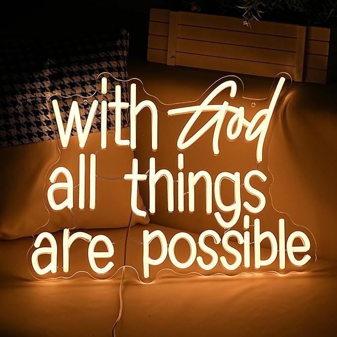 With God All Things Are Possible Neon Sign Bright Warm White God Led Neon Lights for Wall Decor Dimmable USB Powered Light up God Sign 16.9*13 Inch Neon Light Sign for Room Party Wedding Church Decor