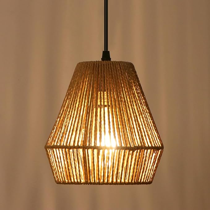 2 Pack Rattan Pendant Light Fixtures, 7'' Mini Boho Kitchen Island Pendant Lights Set of 2 Hand Woven Wicker Coastal Natural Small Hanging Light Fixture for Bedroom Dining Room Bar Hallway