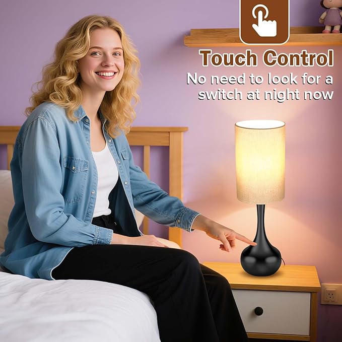 Touch Droplet Table Lamp for Nightstand, 3-Way Dimmable, No Assembly Required, Mid Century Modern Small Black Bedside Lamp for Bedroom, Living Room, Office