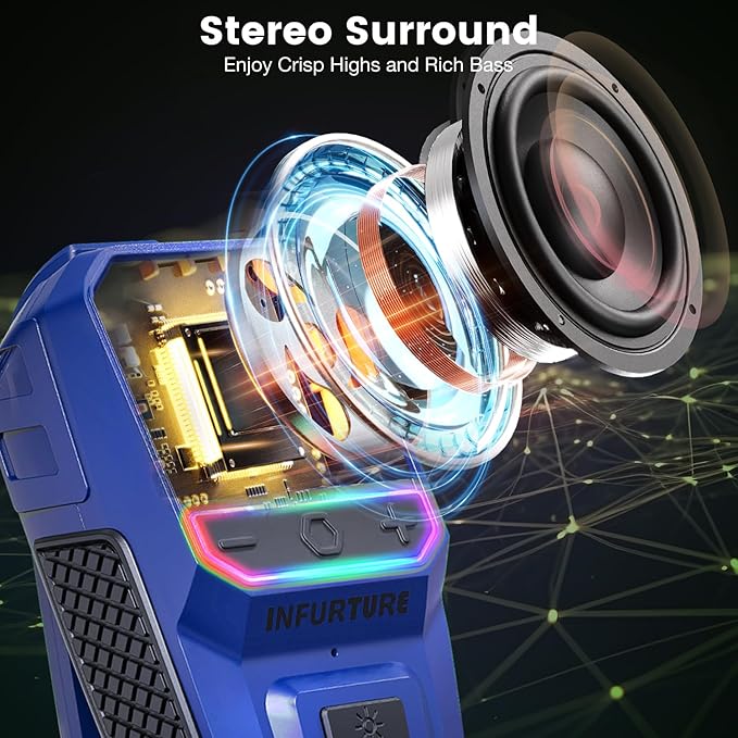 INFURTURE Clip on Speaker Wearable Bluetooth Speaker with RGB/Flashlight Shower Speake Built-in Noise Reduction Mic, Bathroom Speakers for Hands-Free Music/Calls-for Work/Riding/Outdoor, Ideal Gifts