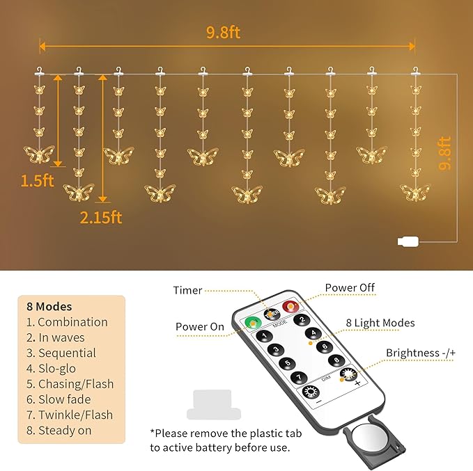 YOLIGHT Butterfly Curtain Lights for Bedroom 9.8ft LED Twinkle Fairy Light with Remote Timer Cute String Lights Wall Décor for Kids Girls Room Bed Canopy Wedding Easter Decoration (Warm White)