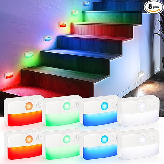 8 Pack Motion Sensor Stair Lights for Indoor, Wireless RGB Battery Operated Night Light, Activated Led Stick On Hallway Closet Under Cabinet Step Lamp for Bedroom Kitchen Bathroom