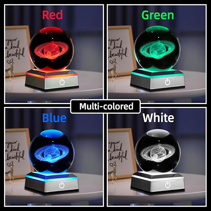 3D Saturn Crystal Ball Night Light 3.15 inch Glass Ball Table Lamp with Color Changing Touch Base Decor Ideal Saturn Gifts for Friends Kids Christmas Birthday