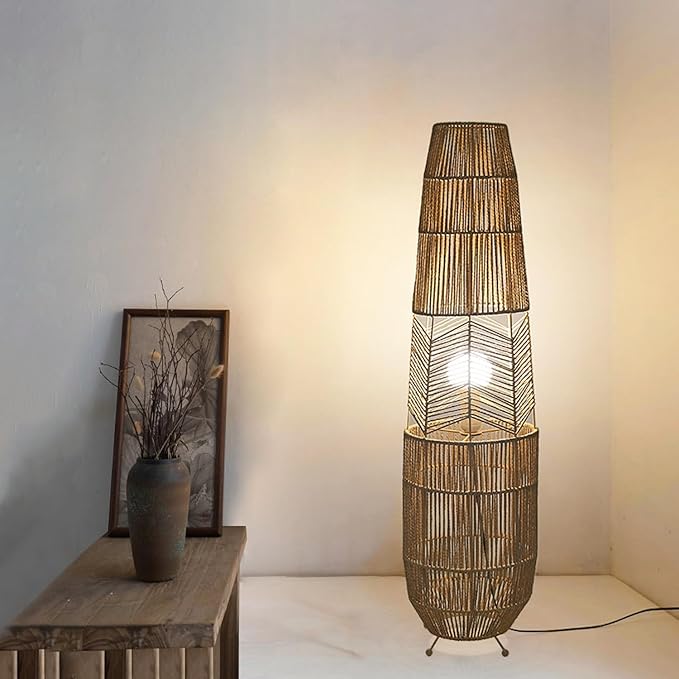 MIXL-Rope-Weaving Floor Lamp with Foot Switches,Dimmable Led Corner Tall Lamp,Minimalist Reading Lamp Floor Standing,Bohemian Style Standing Lamps for Bedroom Study and Living Room