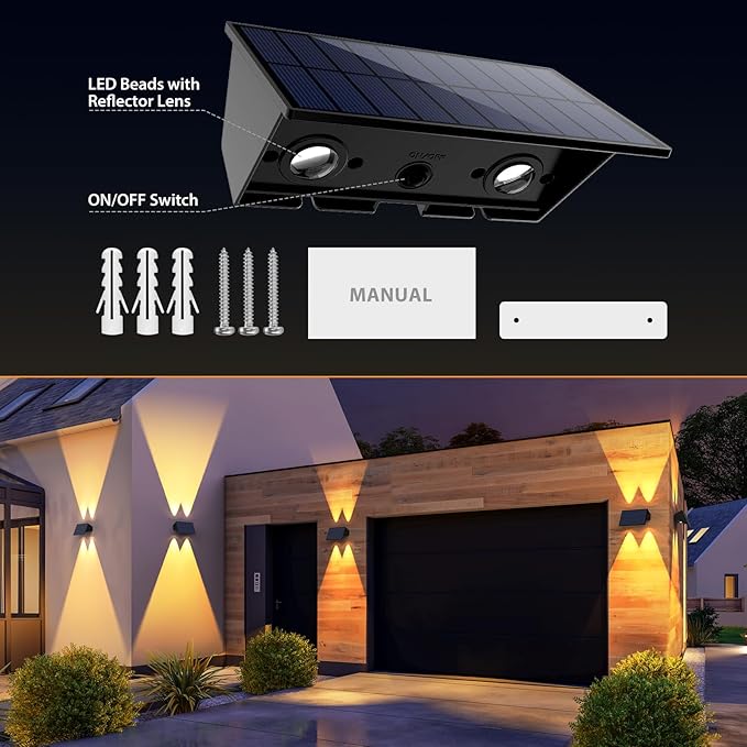 Solar Fence Lights,6Pack Solar Lights Outdoor Warm White + RGB Up & Down Waterproof 100 Lumens Dusk to Dawn Large Solar Wall Lights for Backyard/Pool/Railing/Patio/Porch/Step/Wall