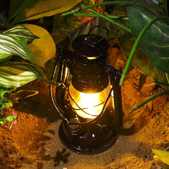 Hortsun 8 Pcs 8 Inch Vintage LED Hurricane Lantern Metal Black Outdoor Battery Operated Hanging Lantern with Warm LEDs and Dimmer Switch for Indoor Rustic Farmhouse Country Camping Decor