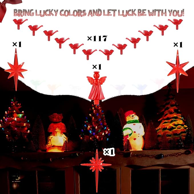 117Pcs Ceramic Christmas Tree Red Cardinal Bird Replacement Lights Bulbs and 1 Angel/3Stars Topper Ornament for Ceramic Tree Décor - Medium Plastic Pegs.