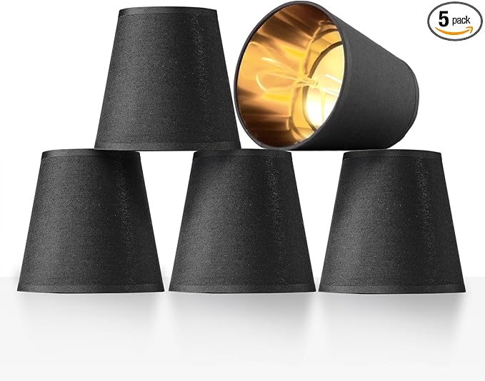 5 Pack Black Chandelier Shades with Gold Lining Hardback, 4" Top x 6" Bottom x 6" High Lampshade, 4x6x6 Inches Perfect Fit for 5-Light Pendant Light Wall Sconce, Clip On Bulb E12 Socket(Large Size)