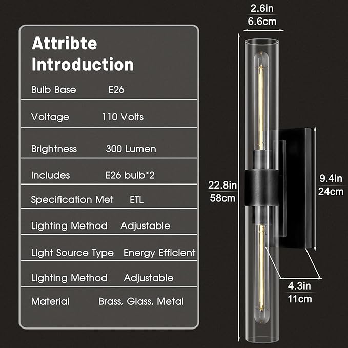 Black Wall Sconces, 22.8" Bathroom Sconces, Sconces Wall Lighting 2-Light, Bronze Wall Sconces Set of Two, Vanity Lights Tube Sconce, Glass Wall Sconce for Living Room, Bedroom, Hallway