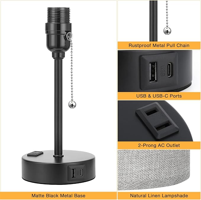 Grey Nightstand Lamps 3 Color Temperatures - 3000K 4000K 5000K Bedside Lamps with USB C and A Ports, Pull Chain Table Lamps with AC Outlet, Small Lamps with Black Metal Base for Sleeping Reading