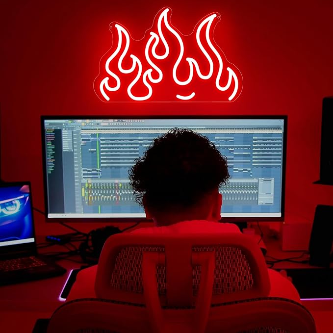 Red Flame Neon Sign – LED Wall Light for Game Room, Bedroom, Bar, Party or Club Decor, USB Powered Fire Shape Neon Wall Art for Home or Event 16″×10.2″