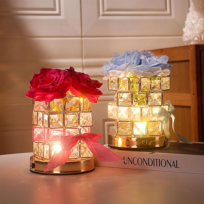Rose Crystal Table Lamp, Rechargeable Cordless Rose Light 3 Colors Dimmable LED Flower Lamp for Bedroom Living Room Decor, Valentine Birthday Gift for Her (Blue)
