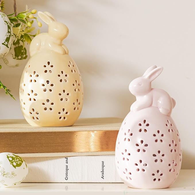 WDS WONDROUS Light Up Easter Decorations Bunny and Egg Figurines Set, LED Pink & Yellow Easter Spring Home Decor, Ceramic Rabbit Egg Sculpture for Farmhouse Tabletop Centerpiece Wedding Gifts 2PCS