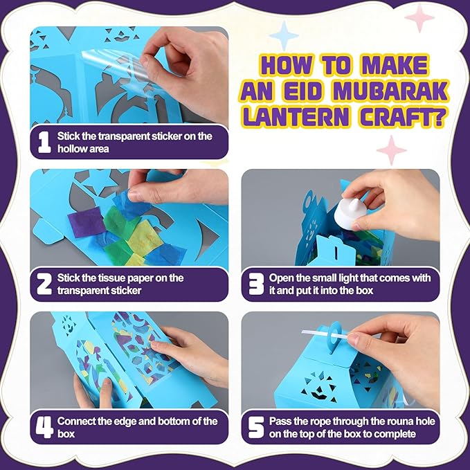 Simgoing 12 Sets Eid Mubarak Crafts with LED Candles Lights DIY Ramadan Tissue Paper Lanterns Crafts Kits DIY Make Your Own Moon Star Lanterns for Ramadan Mubarak Party Decor Classroom Activities