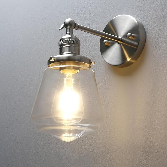 Phansthy Wall Sconces Light Fixture Industrial Wall Lamp, 180 Degree Adjustable Bathroom Vanity Light, Wall Light with Glass Shade Wall Decorative Lighting for Kitchen Living Room Hallway (Brushed)