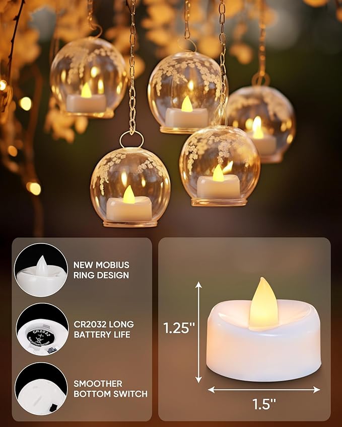 LED Candles, 12-Pack Battery Operated Tea Lights, Flameless Flickering Tealights for Fall Home Party Wedding in Warm Yellow, 1.5'' D X 1.25'' H