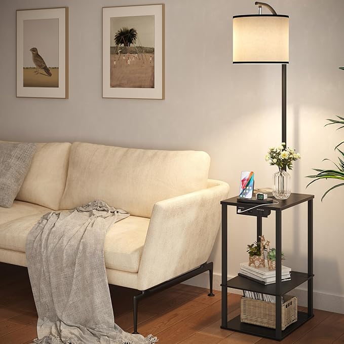 SUNMORY Floor Lamp with Table, End Table for Living Room with Lamp, Shelves Side Table with Charging Station(USB & AC Port), 3 Color Temperature LED Bulb, Modern Nightstand Lamp for Bedroom, Office