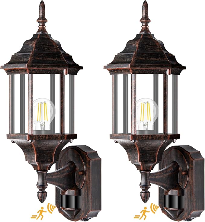 Redluck Motion Sensor Outdoor Lights, 2 Pack 16 inch Dusk to Dawn Outside Porch Lights, Waterproof Anti-Rust Aluminum Outdoor Wall Lights for House, Garage, Front Door, Antique Black and Bronze Gold