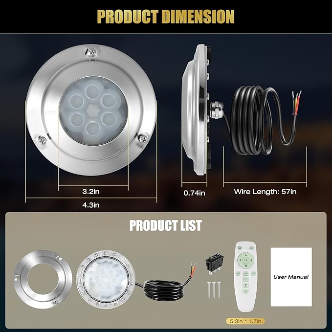 Goldlife 6,000LM Marine Underwater LED Light for Boat, B4-1 RGBW w/RF Remoter, 4.3" 60W DC10-30V 6LED, Dimmable Color-Changing IP68 Submersible Yacht Transom Pontoon Light Surface Mount 316 Stainless