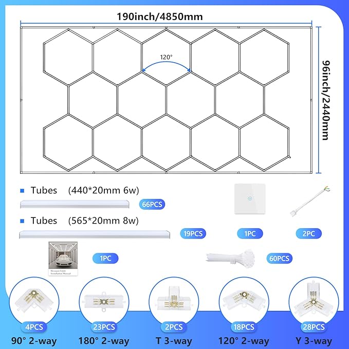 ALLYES Hexagon Garage Lights, Hexagon Ceiling Lights Super Bright Lighting, Car Detailing Ceiling Light for Workshop Warehouse Basement Gym (14 Hex Adjustable Temp)