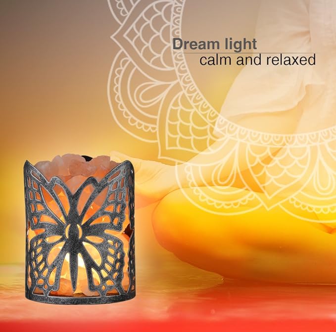 Himalayan Salt Lamp,Natural Wall Light Salt Lamp with 1 Bulbs,Rocks Salt Night Light with Butterfly Metal Basket Gift（Fade-Change）