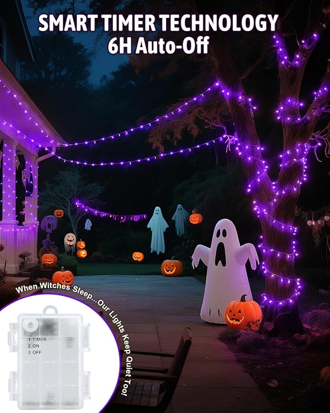 Halloween String Lights Battery Operated, Purple Lights with Timer Waterproof 16.4ft 50 LED Halloween Decorations for Outdoor Indoor Patio Party Garden Yard Decor