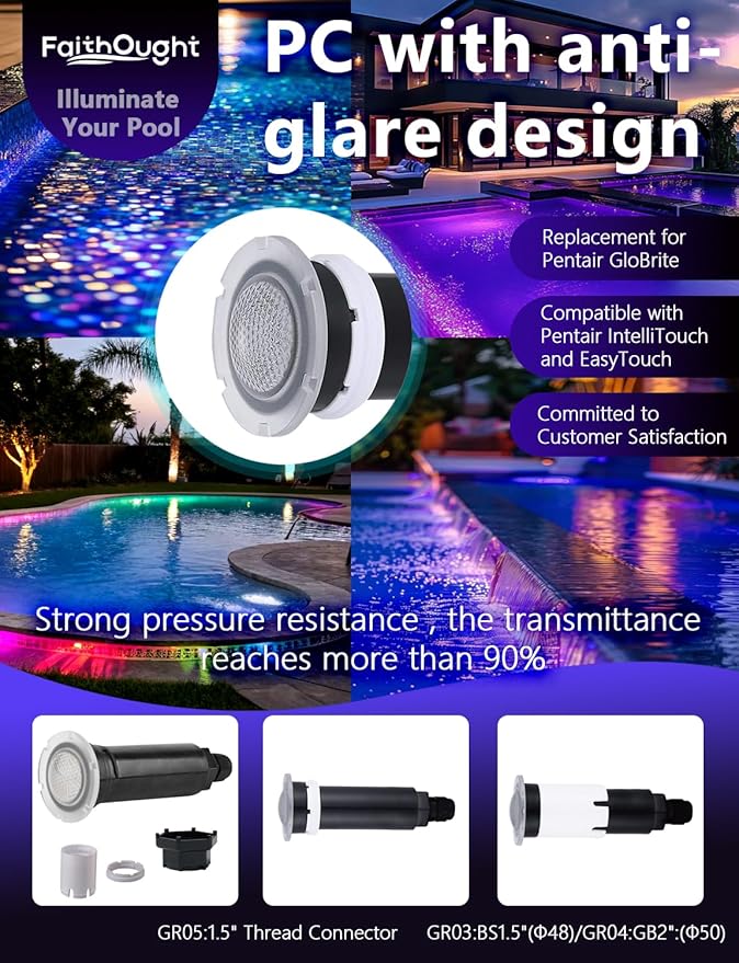 Direct Replacement for Pentair Globrite Pool Light - 1.5 Inch Pool Lights 12VAC 100ft Cord RGB Color LED Changing Swimming for Inground Pools/Spa