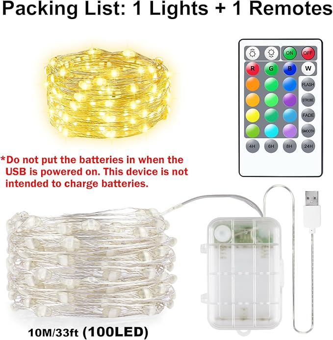 33ft Fairy Lights Battery Operated, 16 Color Changing String Light with Remote Timer, RGB Waterproof Twinkle Lights for Indoor Outdoor Room Garden Yard Gift Party Christmas Décor
