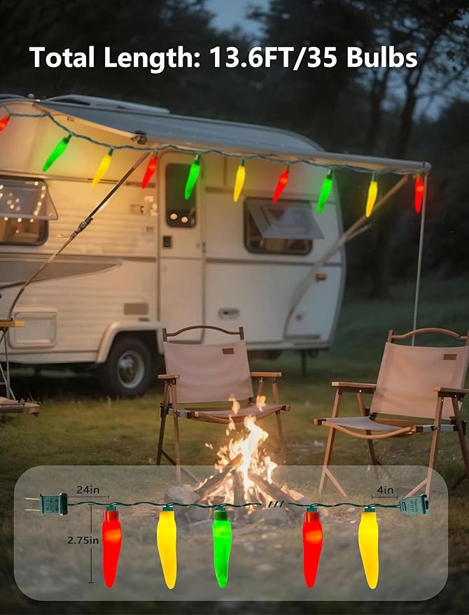 Red Green and Yellow Chili Pepper String Lights, 13.6Ft Multicolor Christmas Decorations Lights with 35 Hot Chili Pepper Bulbs, Warm White Chili Pepper Lights for Kitchen Patio Garden Cinco de Mayo