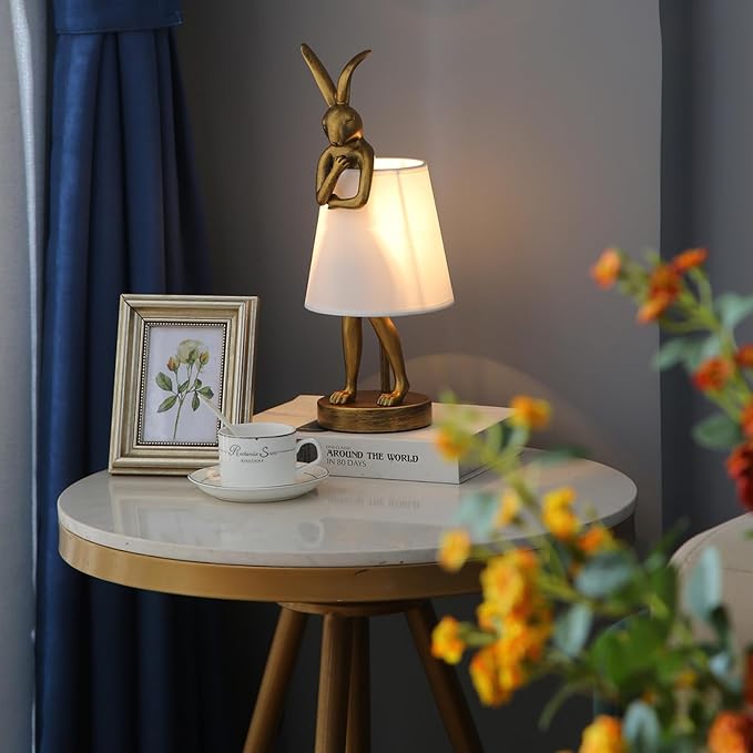 Bunny Table Lamp, Resin Animal Rabbit Lamp, LED Bunny Decor Lamp with Fabric Shade, Vintage-Style Component,Suitable for Office Study and Bedside (White H15.7)