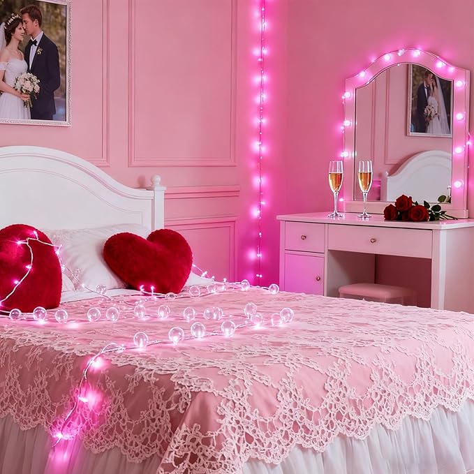 Pink String Lights for Valentines Day Decor, Plug in & Connectable 100 LED 33 Ft Clear Wire Fairy Christmas Lights for Bedroom Indoor Outdoor Girl's Room Valentines Aesthetic Romantic Decorations
