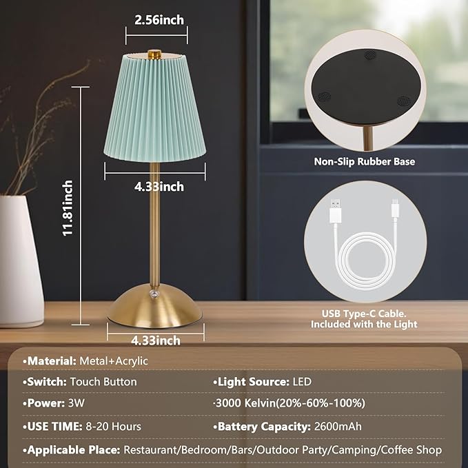 Cordless LED Blue Table Lamp with Dimmer, Built-in Rechargeable Battery, 3-Level Brightness, Patio Table Lamp, Bedside Night Lamp, Ambient Light for Restaurant, Antique Brass (Baby Blue)