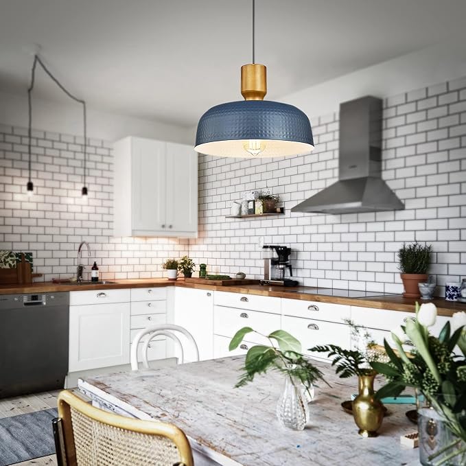 Darkaway Pendant Light Fixtures Ceiling Hanging with Hammered Metal Shade, Modern Pendant Light for Kitchen Island Lighting Hanging Lamp Adjustable Height, Medium 2 Pack