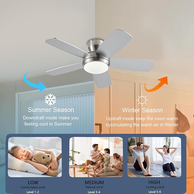 KNUN 42 Inch Ceiling Fan with Light and Remote/App Control, Low Profile Ceiling Fans with Lights,Flush Mount, Double-sided Blades, 3CCT, Dimmable, Noiseless, Nickel Ceiling Fan for Indoor/Outdoor Use