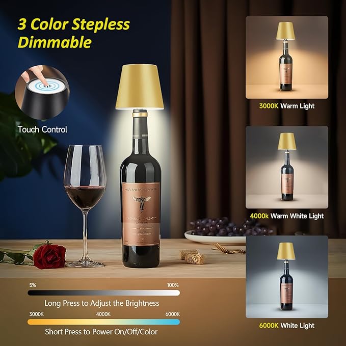 2025 New Wireless Bottle Lamp - LED Bottle Lights for Liquor & Wine Bottles, Cordless Lampshade, Whiskey Bottle Top Light,Golden Yellow Rechargeable 3-Tone Touch-Dimmable