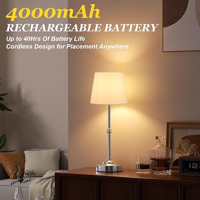 Kakanuo Rechargeable Cordless Table Lamp Silver - 2 Pack 4000mAh Battery Operated Lamp, Touch Control Stepless Dimming, for Home Decor, Dining Table, Living Room, Bedroom